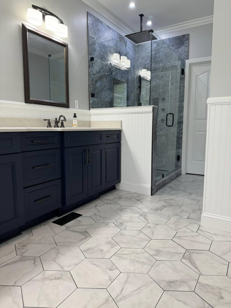 blue bathroom vanity cabinets. One-day bathroom remodeling in Stokesdale